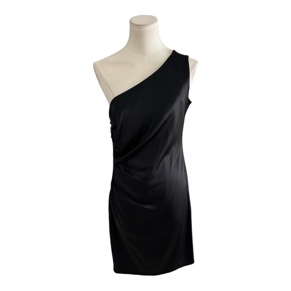CALVIN KLEIN Black One Shoulder Mini Satin Dress Sequin Ruched Size M L 8 10 - Picture 2 of 8